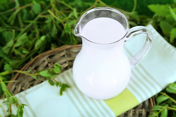 Pitcher of milk on napkin on wicker tray on grass