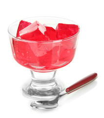 Tasty jelly cubes in bowl isolated on white