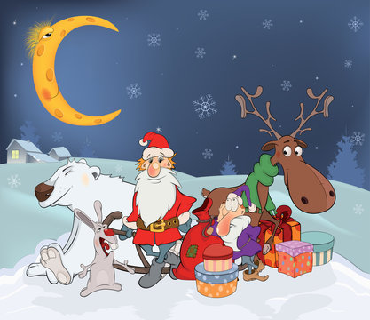 Santa Claus with his friends and Christmas gifts. Cartoon