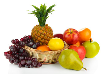 Ripe fruits in basket isolated on white