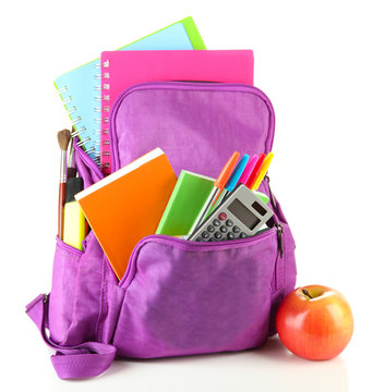 Purple Backpack With School Supplies Isolated On White