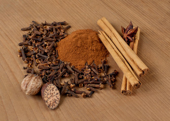 Cinnamon, nutmeg, cloves, a banyan on wooden board