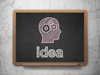 Marketing concept: Head With Gears and Idea on chalkboard