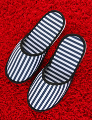 Striped slippers on carpet background