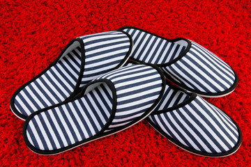 Striped slippers on carpet background