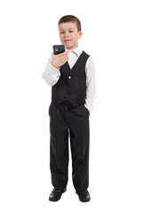 Naklejka premium boy in suit dial on phone