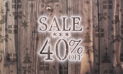 wooden Christmas sale 40 percent off label with presents