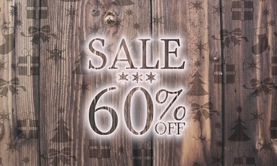 wooden Christmas sale 60 percent off symbol with presents