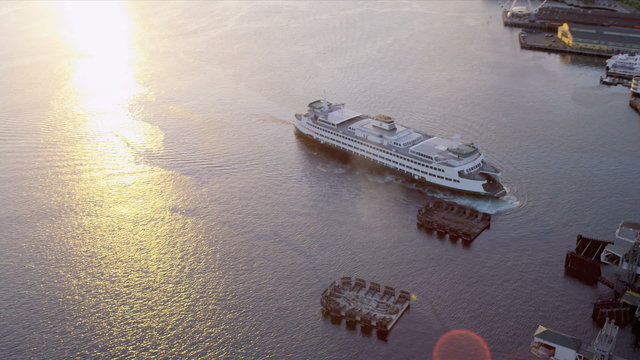 Aerial sunset view Inter Island Car ferry terminal, Seattle, USA