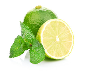 Limes and mint isolated on white background