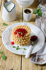 Waffles with jam for breakfast