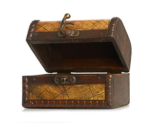 open wooden chest isolated on white background