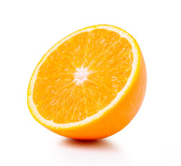 Half orange fruit on white background, fresh and juicy