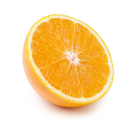 Half orange fruit on white background, fresh and juicy