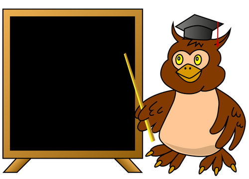 Wise owl teacher with blackboard