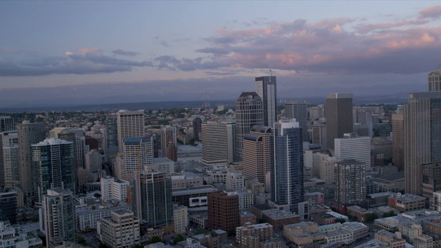 Aerial downtown dusk view of Seattle Business and Finance Centre, USA 