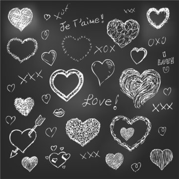 Set of hand drawn hearts on chalkboard background eps 10