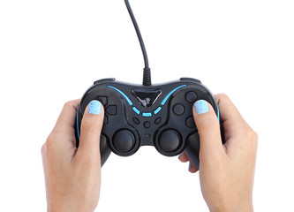 hands with gamepad isolated on white background