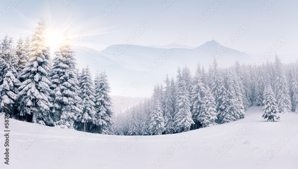 Poster panorama of the foggy winter landscape in the mountains