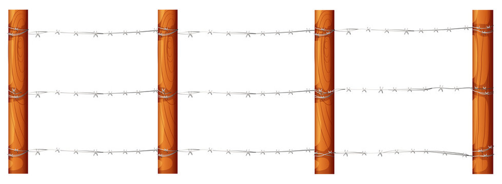 A wooden fence with barbwires