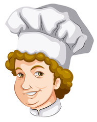 A head of a curly-haired chef