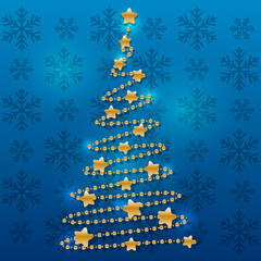 Golden Christmas tree on blue