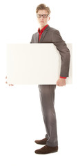 Young man holding a white board isolated on white background