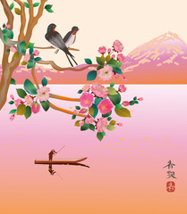 Sakura . A lone boatman, floats on the the lake in the spring.