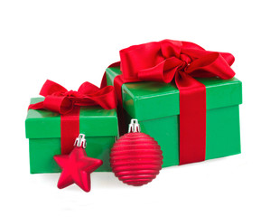 green  gift boxes and christmas red decorations