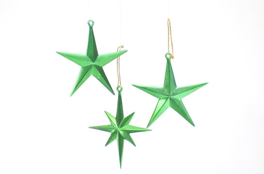 Green stars  christmas decoration for haging on tree isolated on