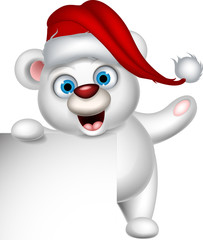 funny polar bear and Santa hat holding blank sign