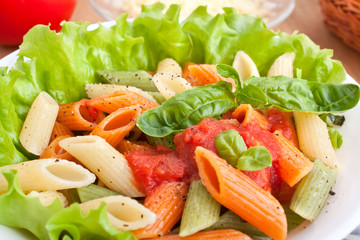 serving of colored penne pasta with tomato sauce and basil