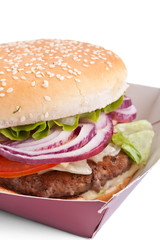 cheeseburger in a box on white background