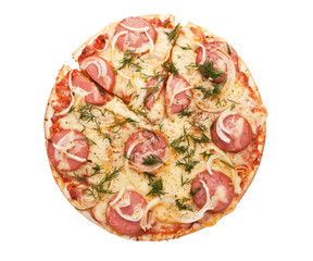 sausage and onion pizza on white background