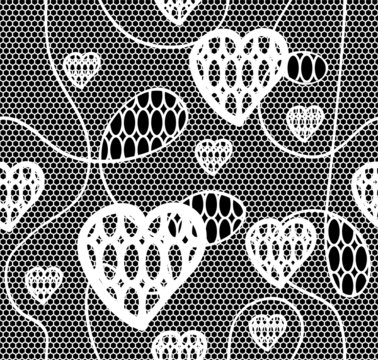 Black lace vector fabric seamless  pattern with hearts