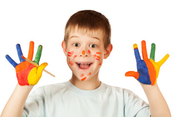smiling happy boy with stained coloured hand