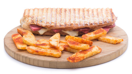 Toast with sausage and cheese isolated on white