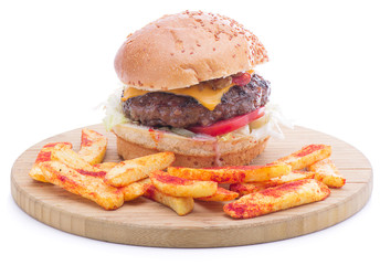 Cheeseburger with french fries isolated on white