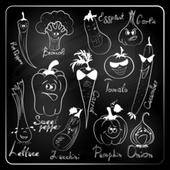 vegetable cartoon  on chalkboard background.