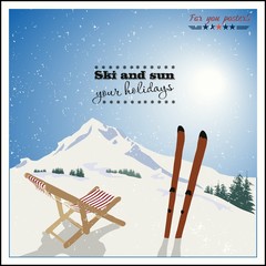 ski and Empty sun-lounger at mountains in winter