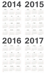 European 2014, 2015, 2016, 2017 year vector calendars
