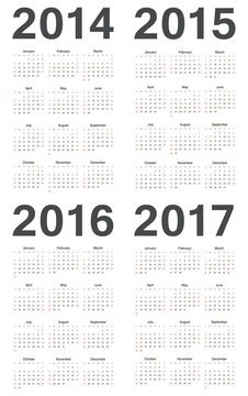 European 2014, 2015, 2016, 2017 year vector calendars