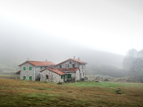 mountain shelter with fog