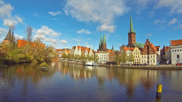 Panoramic skyline of Lubeck city, Germany (Time Lapse)