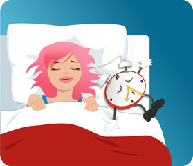 Alarm clock falling asleep next to a cute girl