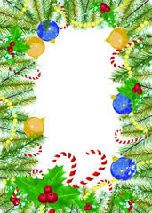 frame of tree branches and Christmas decorations