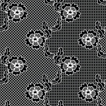 Black lace vector fabric seamless  pattern with FLOWERS