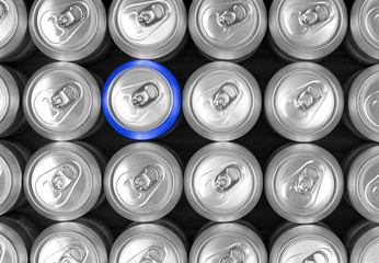 Aluminum drink cans and one blue can. Difference concept