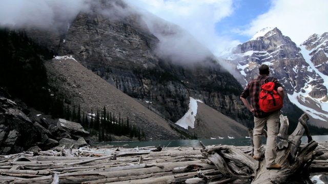 Male hiker Lake Moraine, Banff, Alberta, Canada
