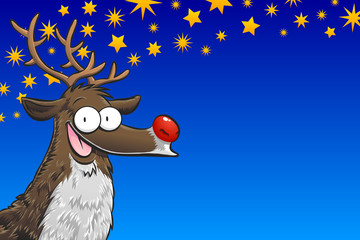 Rudolph on blue background with golden stars